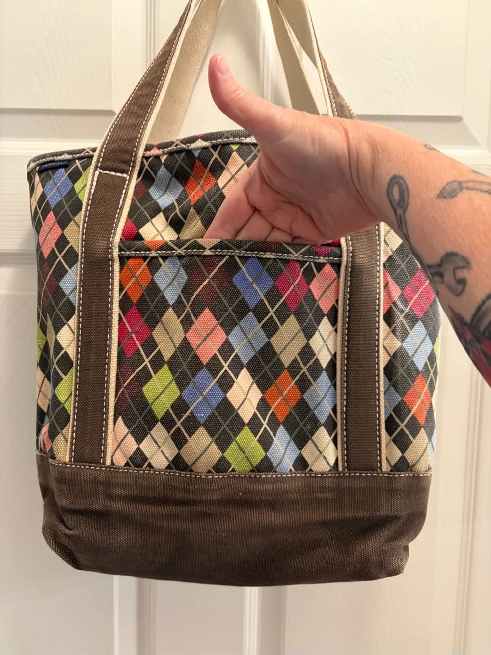 Lands’ End Medium Canvas Argyle Tote Bag Brown Multicolor